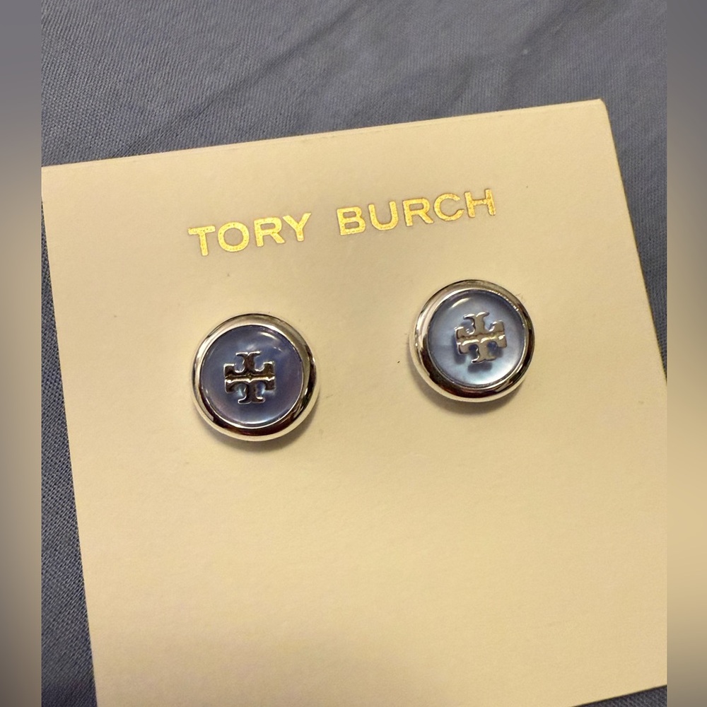NWT - Brand New Tory Burch Silver and Blue Round Earrings